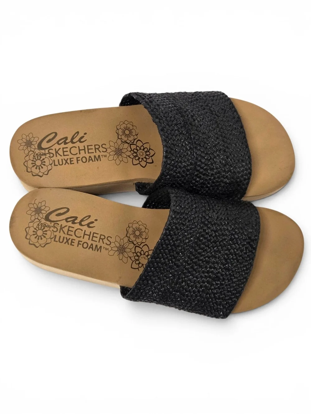 Cali from Skechers Luxe Foam Black Woven Wedge Sandals - Size 8 EUC